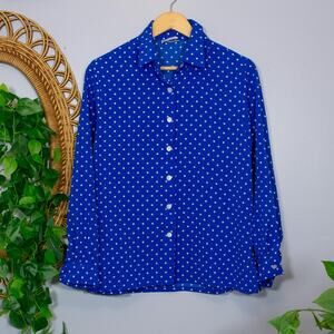 VTG Bonworth Royal Blue Polka Dot Blouse Button Down Retro Classic Bright Winter